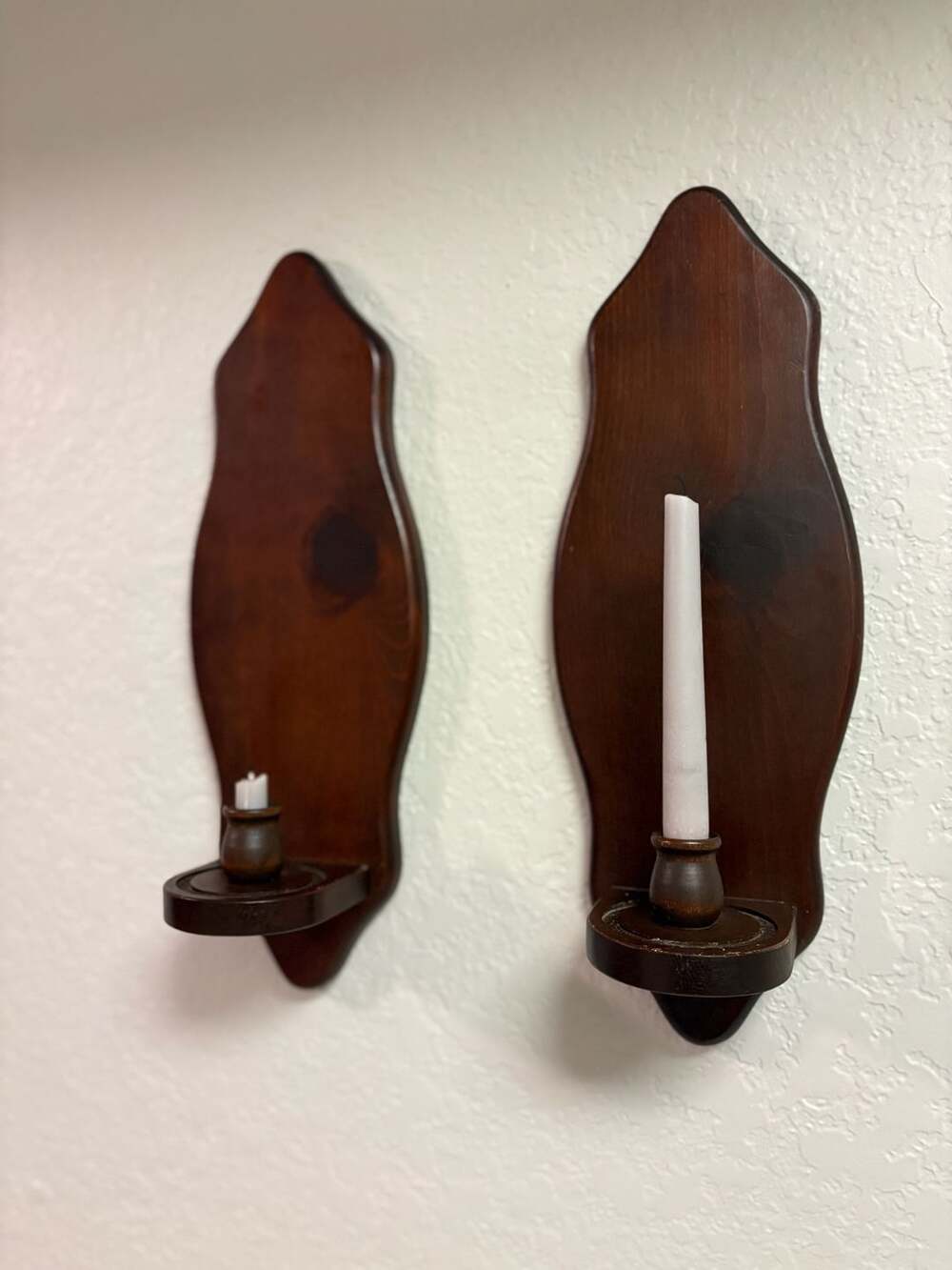 Vintage Wooden Wall Candle Sconces Pair Dark Wood Taper Holders